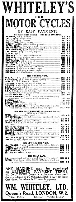 William Whiteley Motorcycle Sales. Queens Rd, London. 1921 Advert