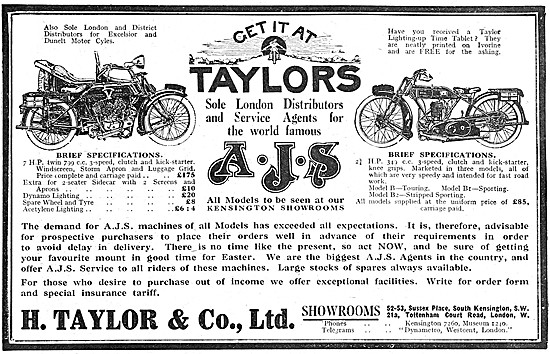 Taylors Kensington. AJS Motorcycle Distributors 1922             