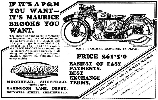 M.Brooks Motor Cycle Sales. Babington Lane, Derby. 1930 Advert   