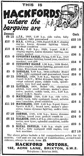 Hackford Motors. 182 Acre Lane, Brixton. Motor Cycle Sales. 1930 