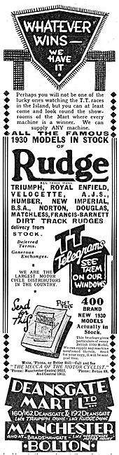 Deansgate Mart Motor Cycle Sales Manchester & Bolton. 1930 Advert