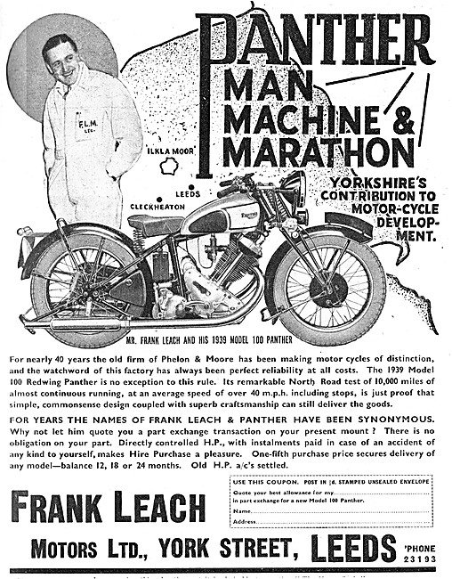 Frank Leach Panther Motor Cycle Dealership 1939 Advert           