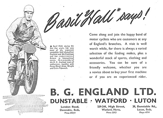 B.G.England Motor Cycle Sales & Service. London Rd, Dunstable.   