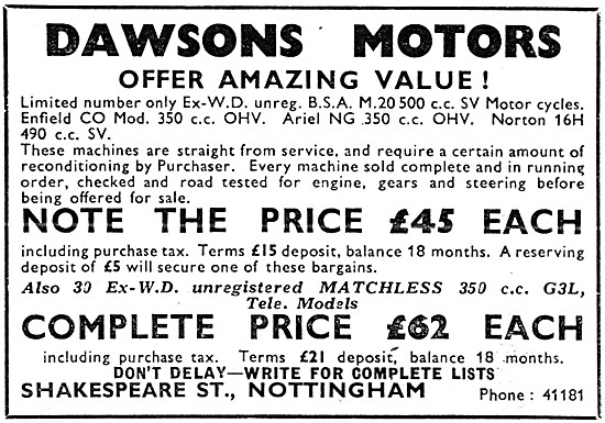 Dawsons Motors For ex WD BSA M.20                                