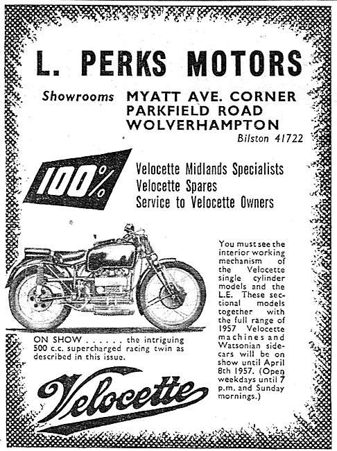L.Perks Motor Cycle Sales Parkfiled Rd, Wolverhampton. 1957 Ad   