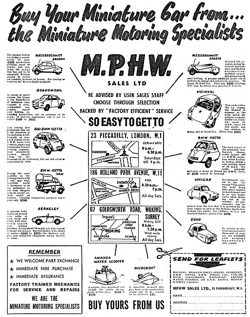 M.P.H.W. Sales Dealers In All Miniature Cars & Three Wheelers    