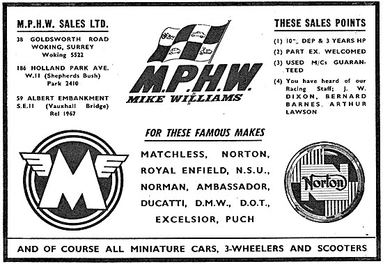 M.P.H.W. Mike Williams Motor Cycle Dealership 1960 Advert        