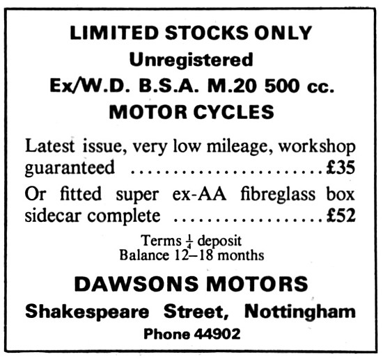 Dawsons Motors Ex WD BSA  M.20 500 cc                            