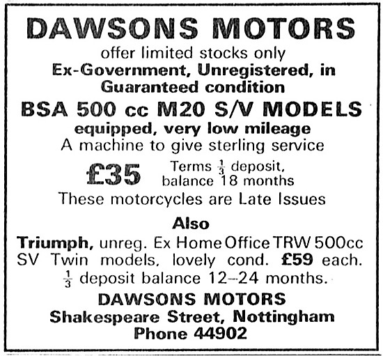Dawsons Motors Ex Government Motor Cycles M20 S/V                