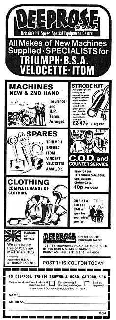 Deeprose Motor Cycle Sales & Parts Stockists 1971 Advert         