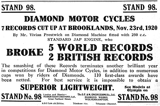 Diamond Motor - Diamond Motor Cycles 1920 Advert                 