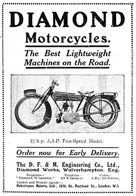 1920 2 1/2 hp Diamond JAP Motor Cycle                            