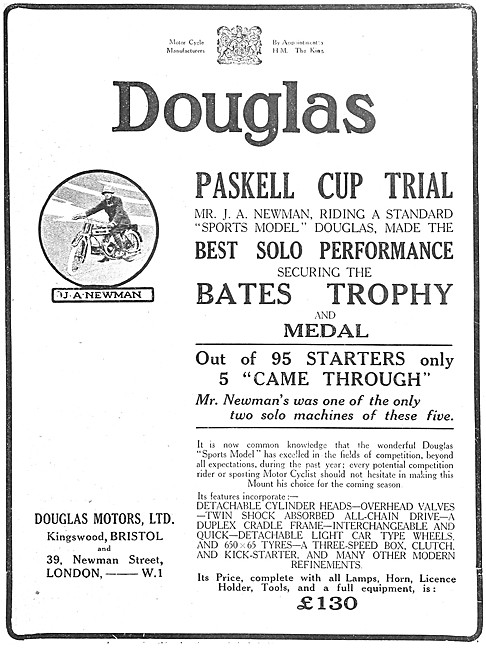 Douglas Motor Cycles Paskell Cup 1921                            