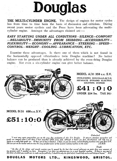 1930 Douglas Model A/3 350 cc Side Valve Motor Cycle             