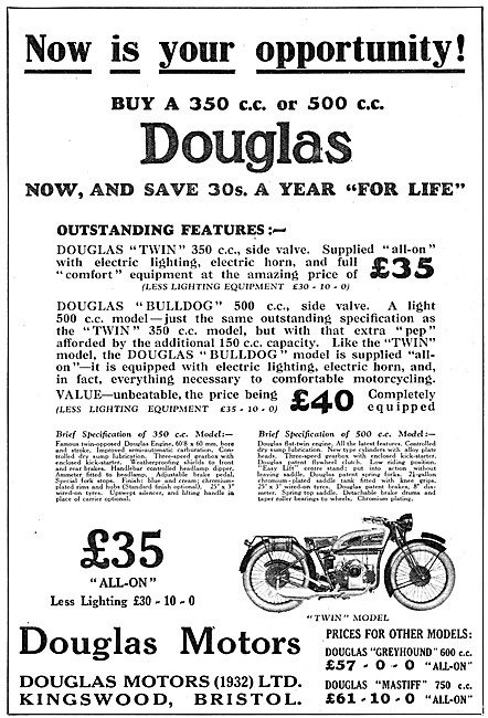 1932 Douglas Bulldog 500 cc SV Motor Cycle                       