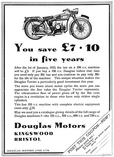 1932 Douglas Terrier 350cc  Motor Cycle Advert                   