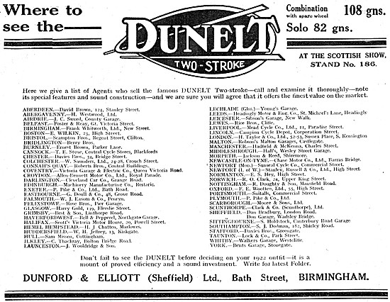 1922 UK Dunelt Motor Cycles Dealerships                          