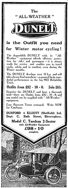 Dunelt All-Weather Motor Cycles 1923 Advert                      