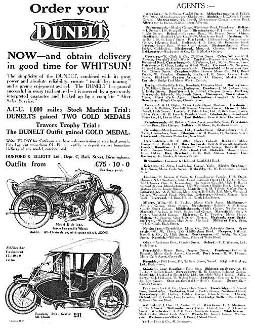 1924 List Of UK Dunelt Motor Cycle Agents - Dunelt Model D       