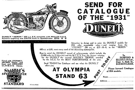 1930 Dunelt Heron 600 cc Side Valve Motor Cycle                  