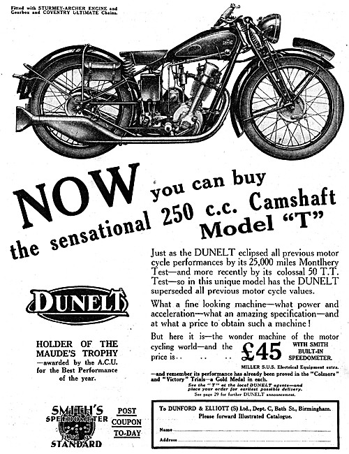 1930 Dunelt 250 cc Model T Motor Cycle                           