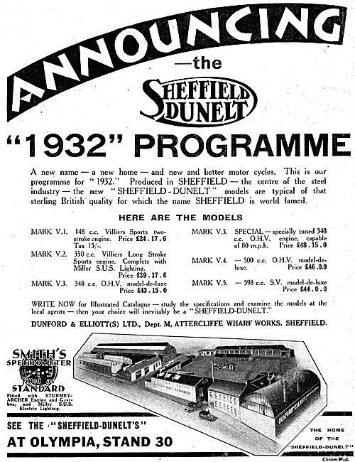 Sheffield-Dunelt Motor Cycle Model Listings 1931                 