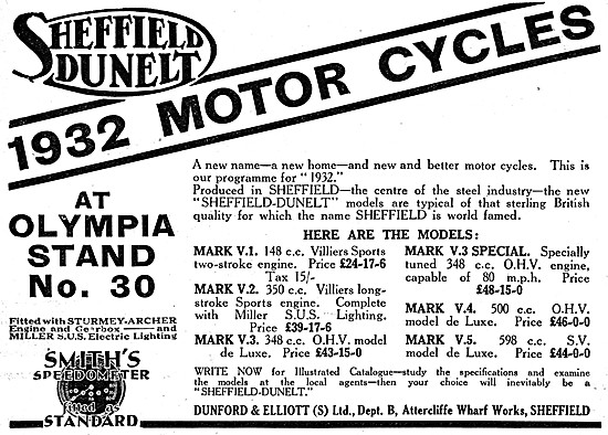 The Sheffield-Dunelt Range Of Motor Cycles 1931                  