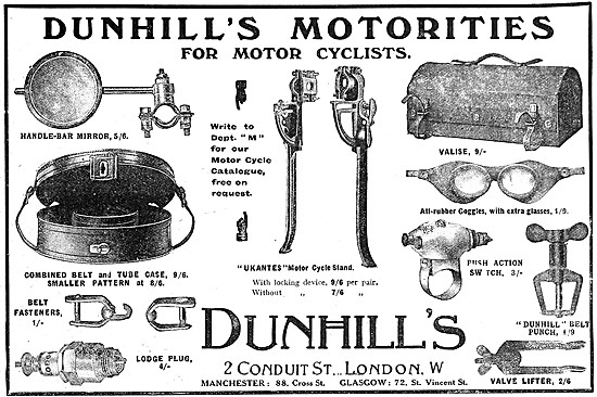 Dunhills Motorities Forr Motor Cyclists 1910 Range               