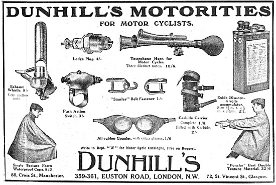 Dunhills Motor Cycle Parts & Accessories 1910 Catalogue Items    