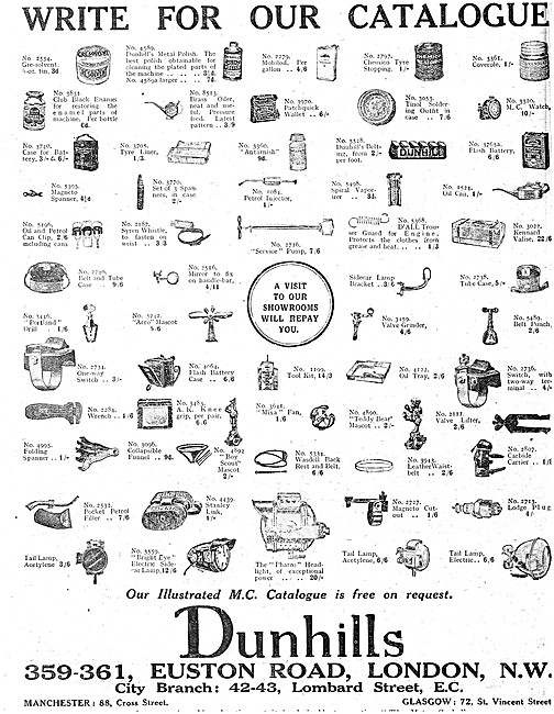 Dunhills Motor Cycle Accessories 1914 Lists                      