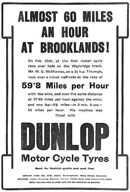 Dunlop Motor Cycle Tyres 1908 Advert                             