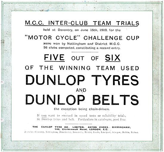 Dunlop Motor Cycle Tyres & Belts 1912 Advert - Dunlop Belts      