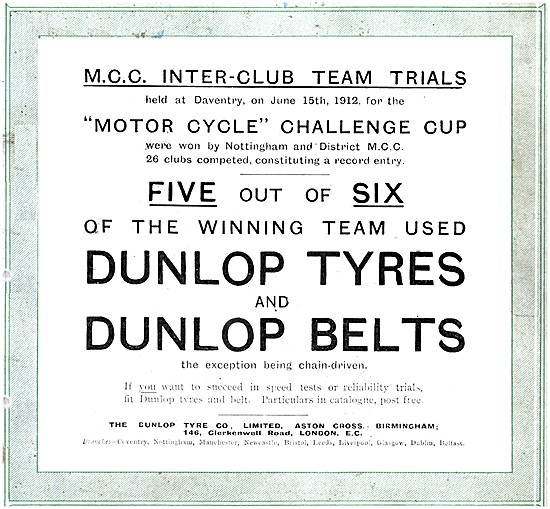 Dunlop Motor Cycle Tyres & Belts 1912 Advert - Dunlop Belts      