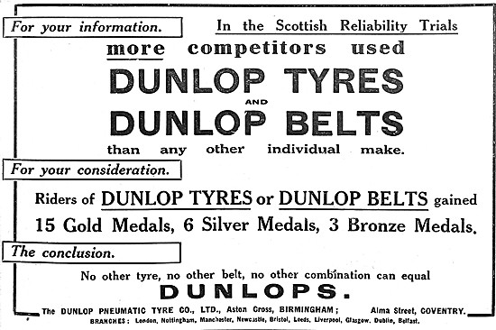 Dunlop Motor Cycle Tyres & Belts 1912 Advert                     