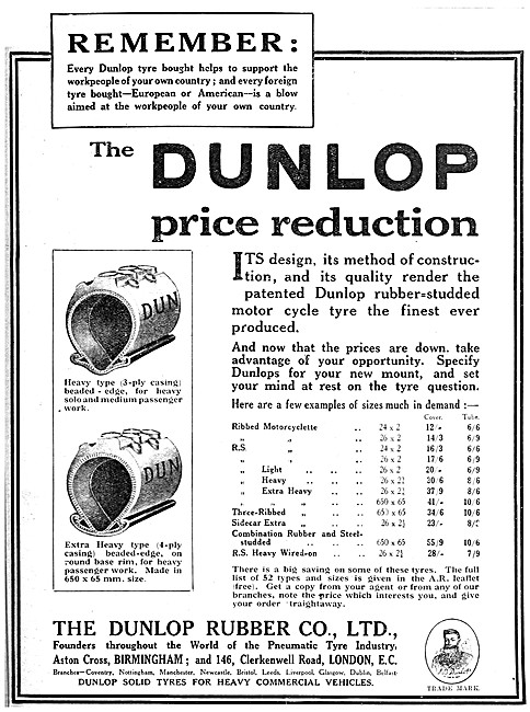 Dunlop Motor Cycle Tyres 1914 Advert                             