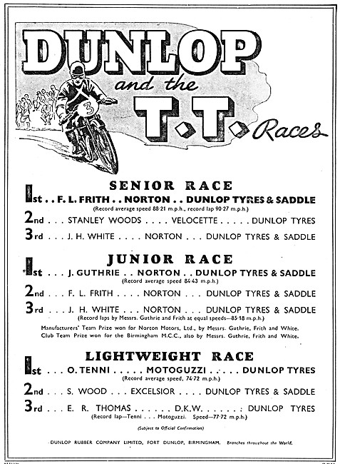 Dunlop Motorcycle Tyres 1937 Advert                              