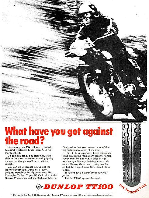 Dunlop TT100 Motorcycle Tyres 1970 Advert                        