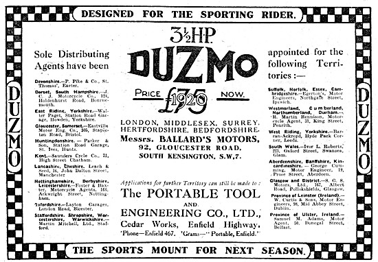 1920 Duzmo 3 1/2 hp Motor Cycles Advert                          