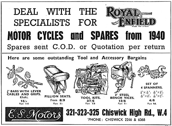 E.S.Motors. Motor Cycle Sales & Parts Service 1952               