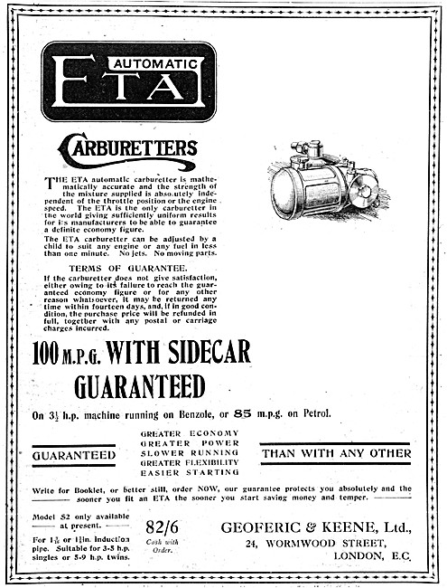 ETA Carburetters - ETA Motorcycle Carburetters 1920 Advert       