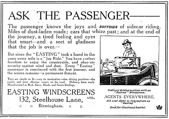 Easting Sidecar Windscreens 1920 Advert                          