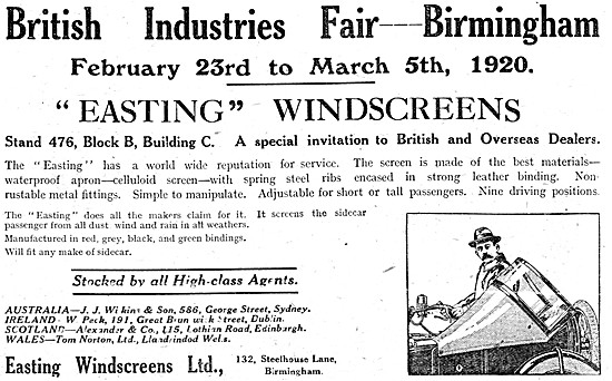 1920 Easting Sidecar Windscreens Advert                          