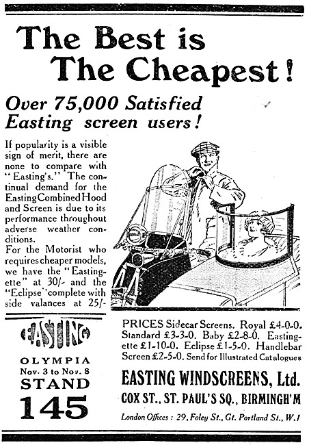 Easting Motor Cycle & Sidecar Windscreens 1924 Advert            