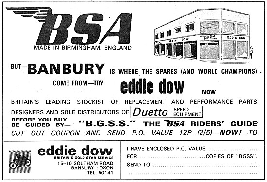 Eddie Dow BSA Sales & Parts Stockists 1971 Advert                