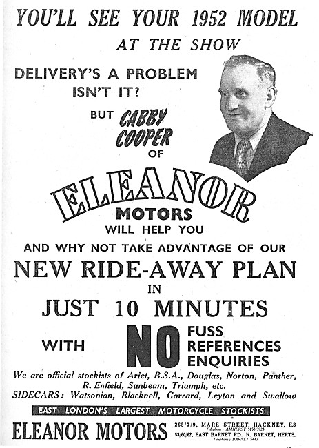 Eleanor Motors  Motor Cycle Sales & Parts Stockists 1951         
