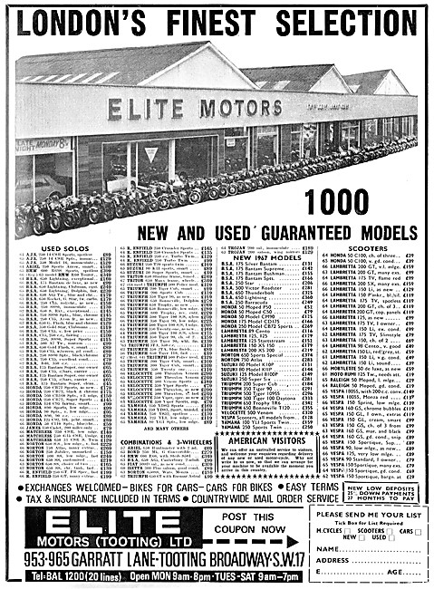 Elite Motors Motor Cycle Sales 1967 Advert                       