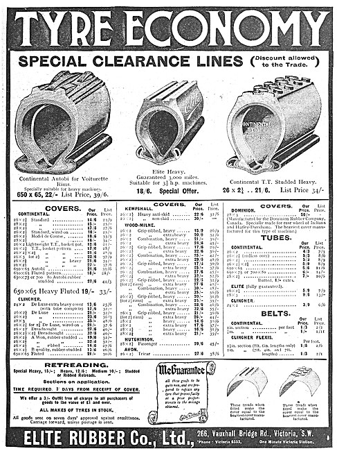 Elite Motor Cycle Tyres 1916 Size Chart                          