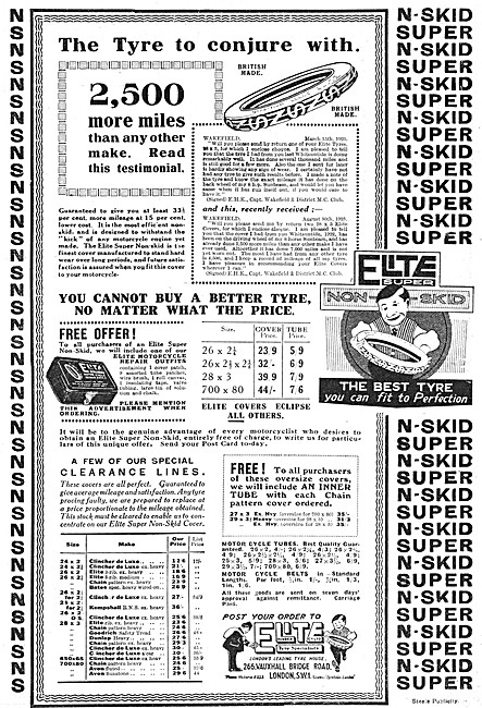 Elite Motor Cycle Tyres 1923 Advert                              
