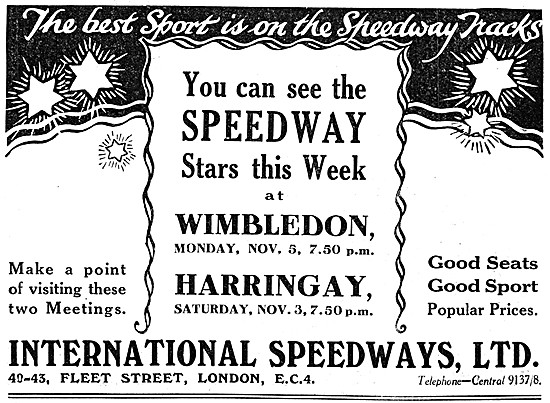 Speedway At Wimbledon & Haringay October 1928                    