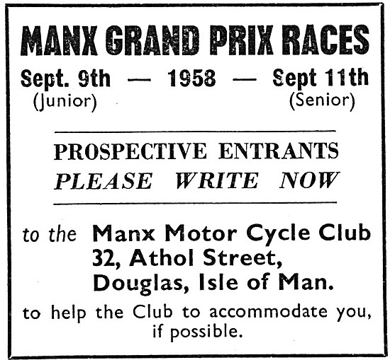 Manx Grand Prix Entries Invited Advert February 1958             